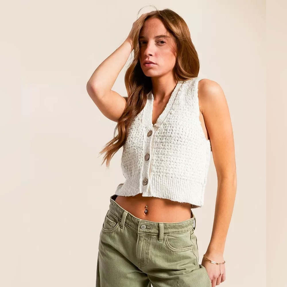 Free People NWT We The Free Ava Cropped Sweater Vest In Sugar Straw Size M - Picture 3 of 17